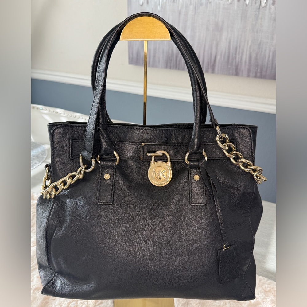 Michael Kors Hamilton Black Leather Satchel Tote Gold Lock Key Chain Strap